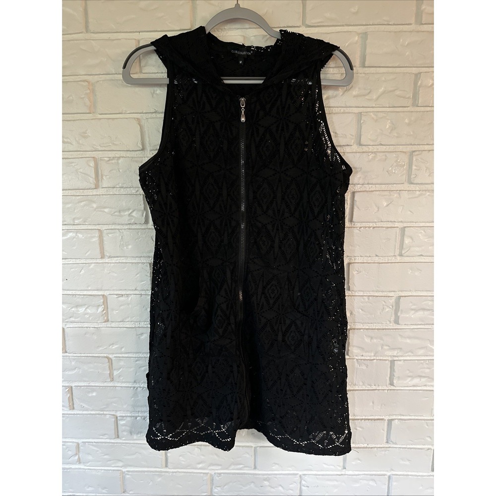 Club Z Collection Women's Size‎ Medium Black Crochet V Neck Hooded Coverup
